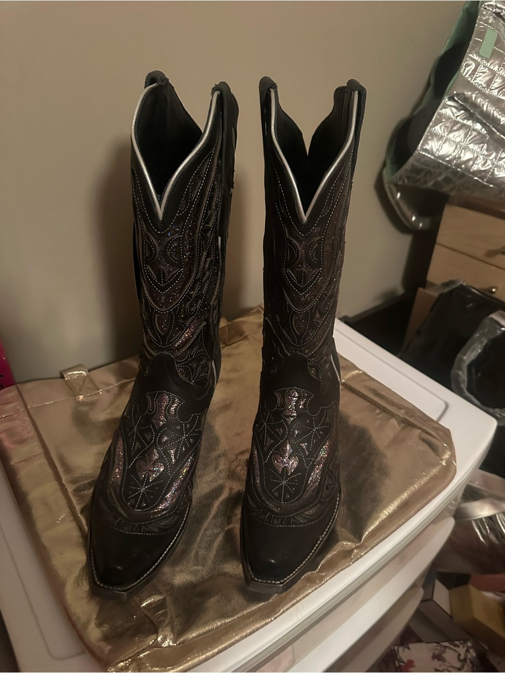 J.B. Dillon Black with iridescent accents in the leather. Western Heeled Boots
